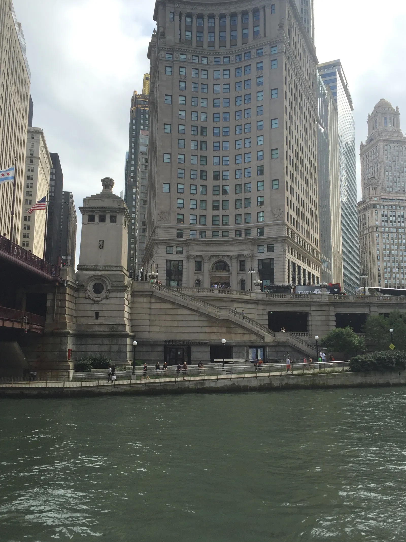 The Chicago Riverwalk along the river near Michigan Avenue in downtown Chicago