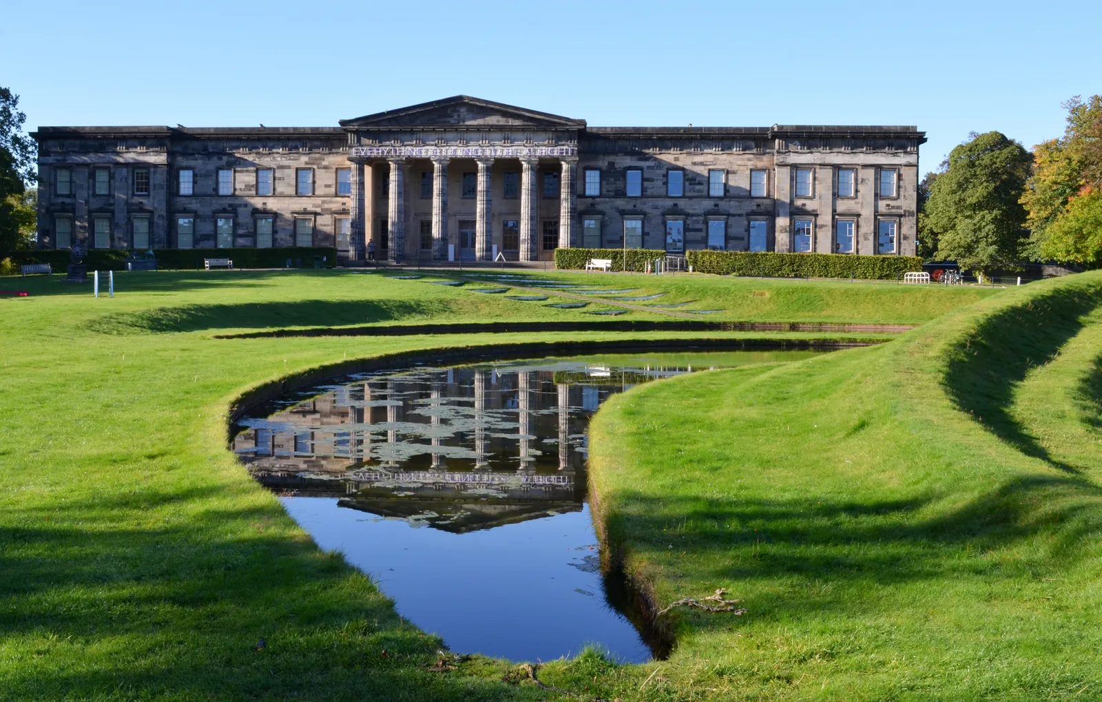 The neoclassical Modern One building of the Scottish National Gallery of Modern Art with its landscaped grounds