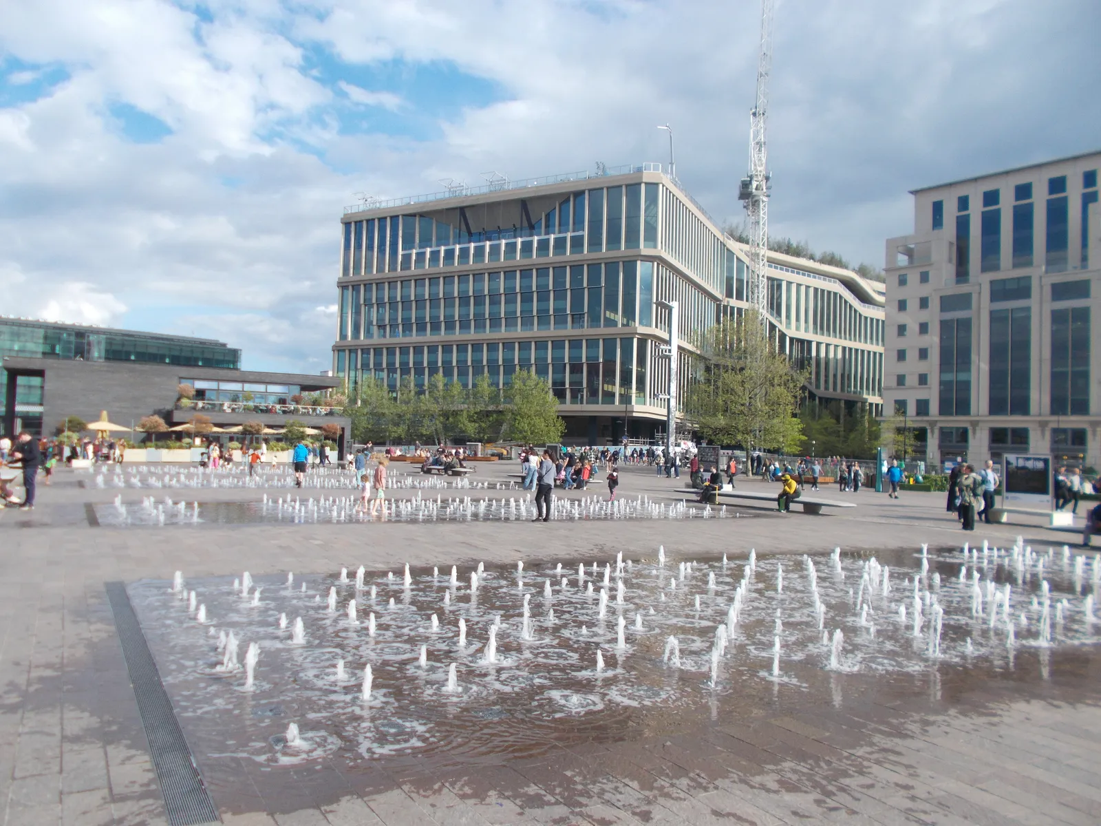 Granary Square's choreographed fountains in front of Central Saint Martins near King's Cross